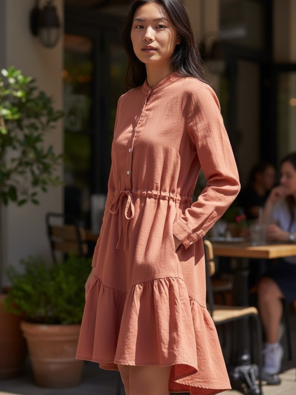 #11 Women’s Long Sleeve Drawstring Tiered Dress in Dusty Rust